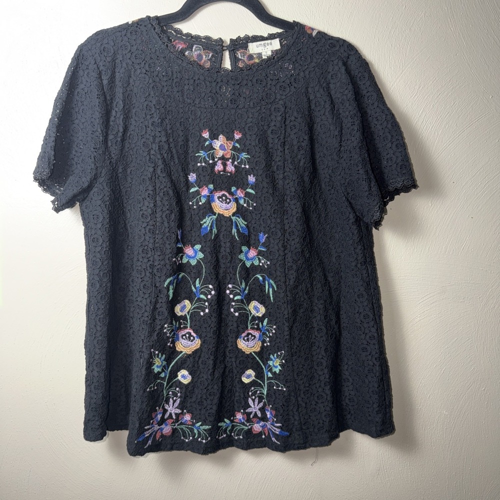 Umgee Women's Size Small Black Embroidered Sheer Top Sz S Cottagecore